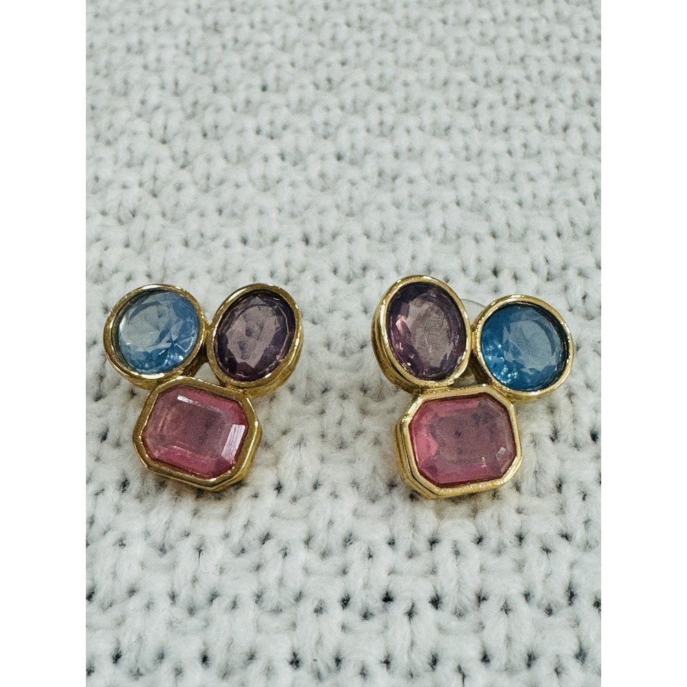 Vintage Givenchy Paris New York Gold Tone Multi Gem Crystal Cluster Earrings